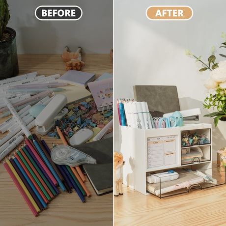 QIYVLOS Desk Organizer with 3 Drawer, Multi-Functional Pencil Pen Holder for Desk, Desk Organizers and Storage with 8 Compartments, Desktop Organizer for Office Home Art Supplies (White) QIYVLOS