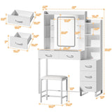 HUAHUU Vanity Desk with Mirror and LED Lights, 57.5" Makeup Vanity with Glass Top & Wireless Charging, Vanity with RGB Drawers, 3 Colors Light, Power Outlet Safety Switch for Bedroom, White HUAHUU