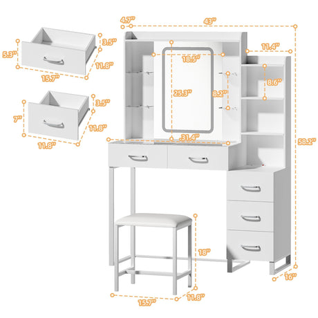 HUAHUU Vanity Desk with Mirror and LED Lights, 57.5" Makeup Vanity with Glass Top & Wireless Charging, Vanity with RGB Drawers, 3 Colors Light, Power Outlet Safety Switch for Bedroom, White HUAHUU