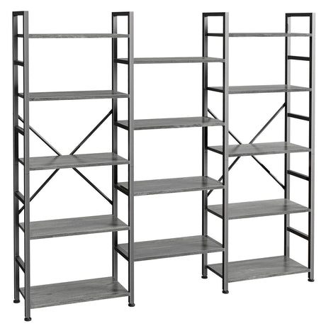 SUPERJARE Triple 5 Tier Bookshelf, Bookcase with 14 Open Display Shelves, Wide Book Shelf Book Case for Home & Office, Grey SUPERJARE