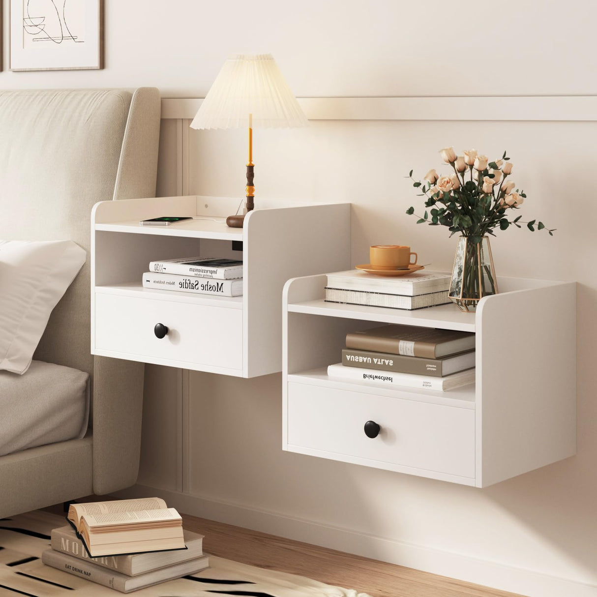 Floating Nightstand Set of 2 with Charging Station Modern Night Stand for Bedroom with Drawer Small Bedside End Table with Outlet Wood Wall Mounted Nightstands Set 2White HOSEOKA