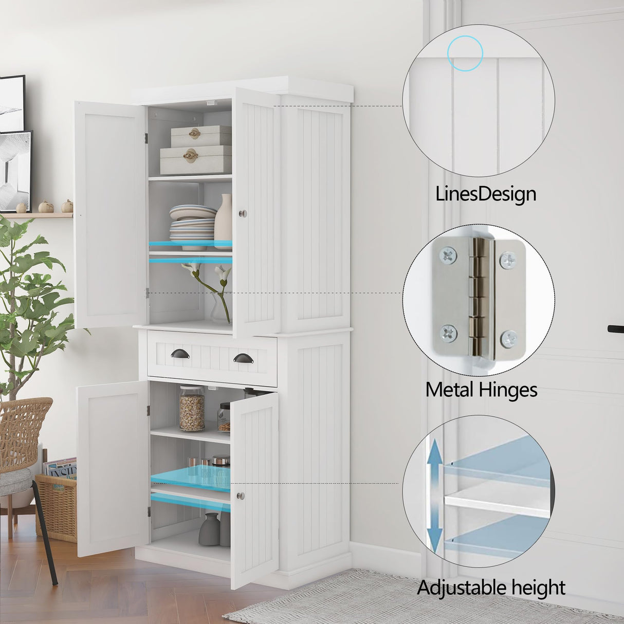 RASOO 72" Pantry Cabinets Freestanding Food Kitchen Pantry Storage Cabinet Cupboard with Drawer and Adjustable Shelves，White (Vertical bar Drawing Slot) RASOO