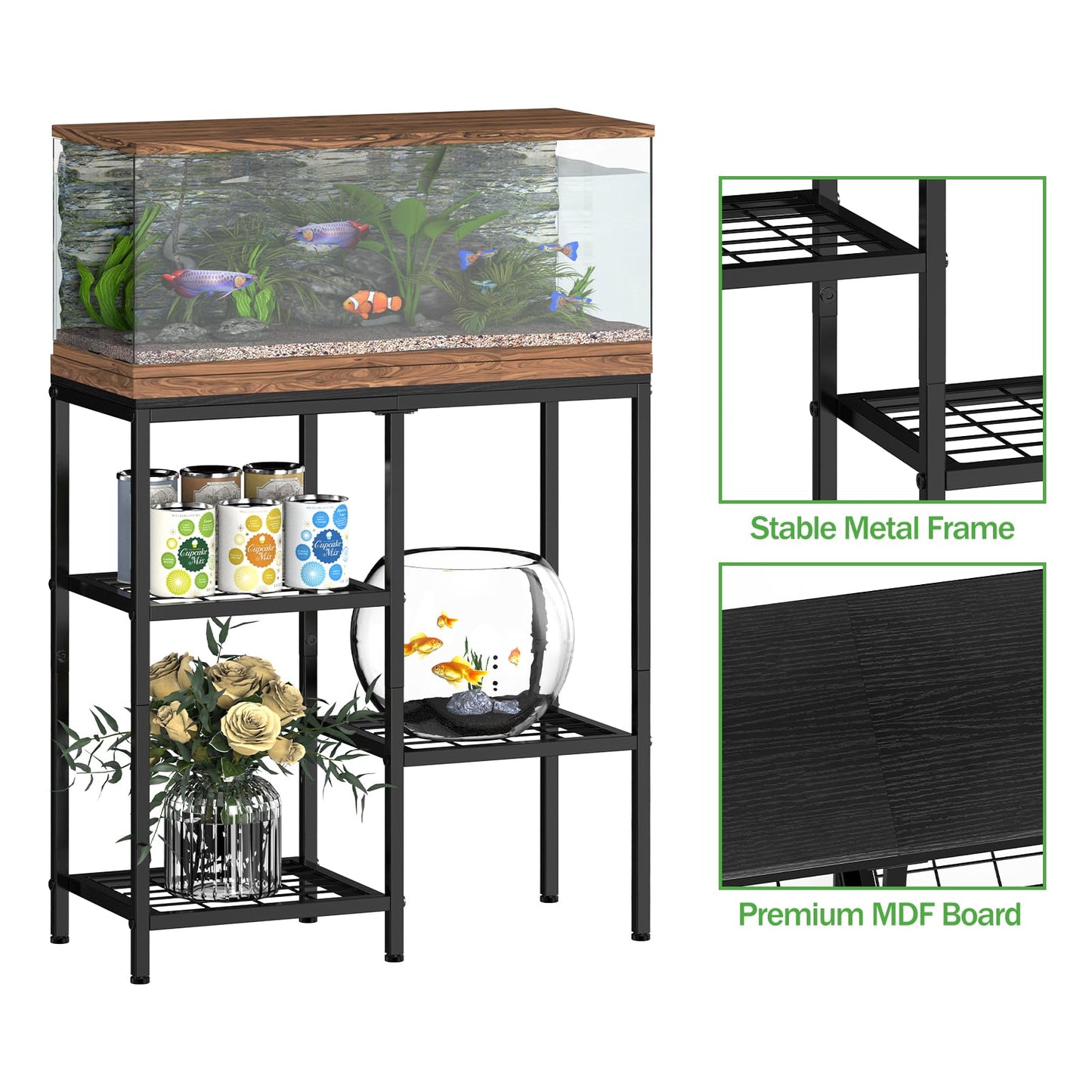 20 Gallon Aquarium Stand, Fish Tank Stand Metal, Adjustable Fish Tank Shelf, 3 Tier Reptile Terrarium Stand for Living Room, Aquarium Rack Stand for Fish Tank Accessories, 29.13" L x 12.2" W Tabletop