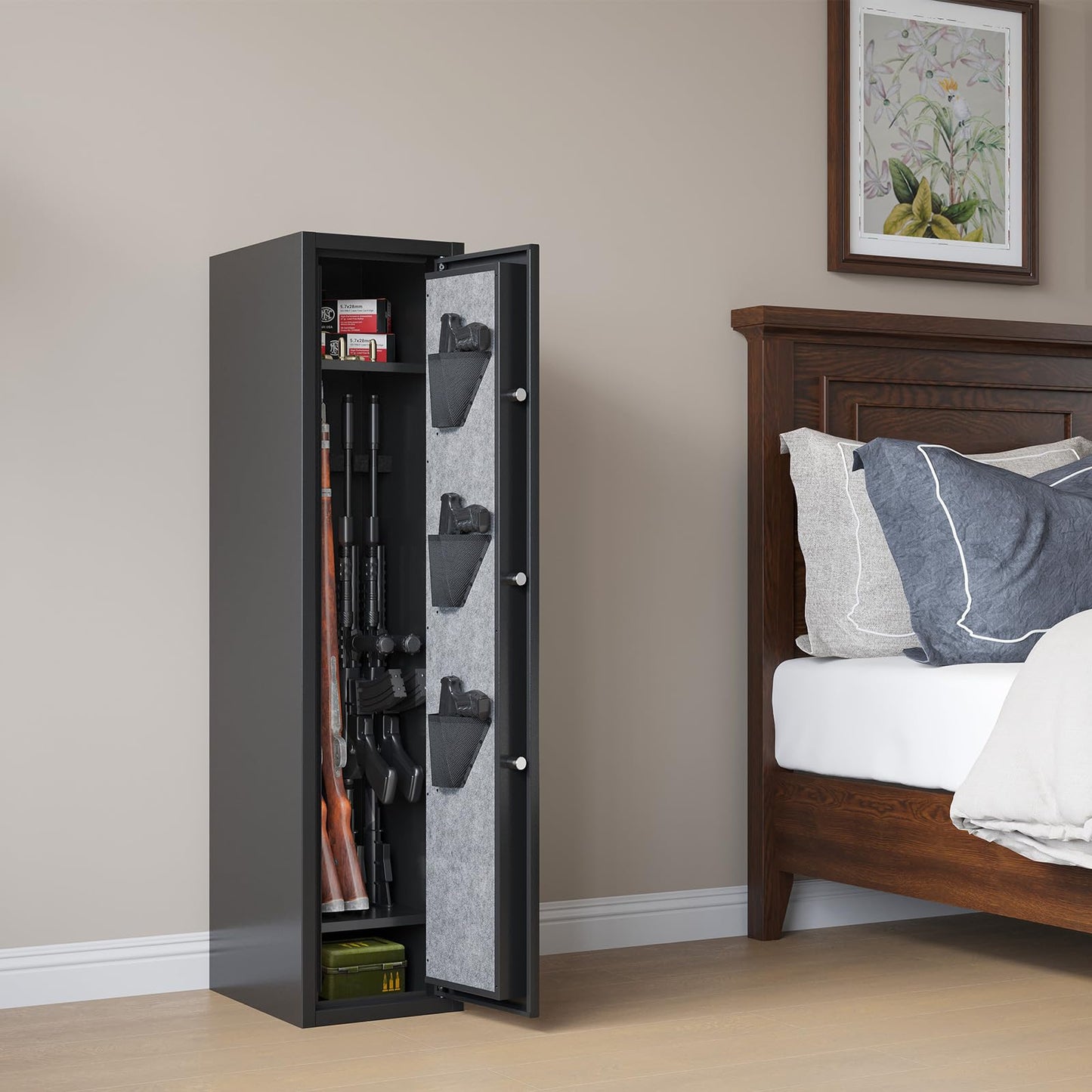 Xyvaly Deep Rifle Gun Safe for 2-4 Guns, Fits Rifles Safe with Scopes, Gun Safe for Rifles and Pistols, Gun Cabinet with 3 Pistol Pouches,Tall Steel Guns Safes with Quick Open Display Keypad