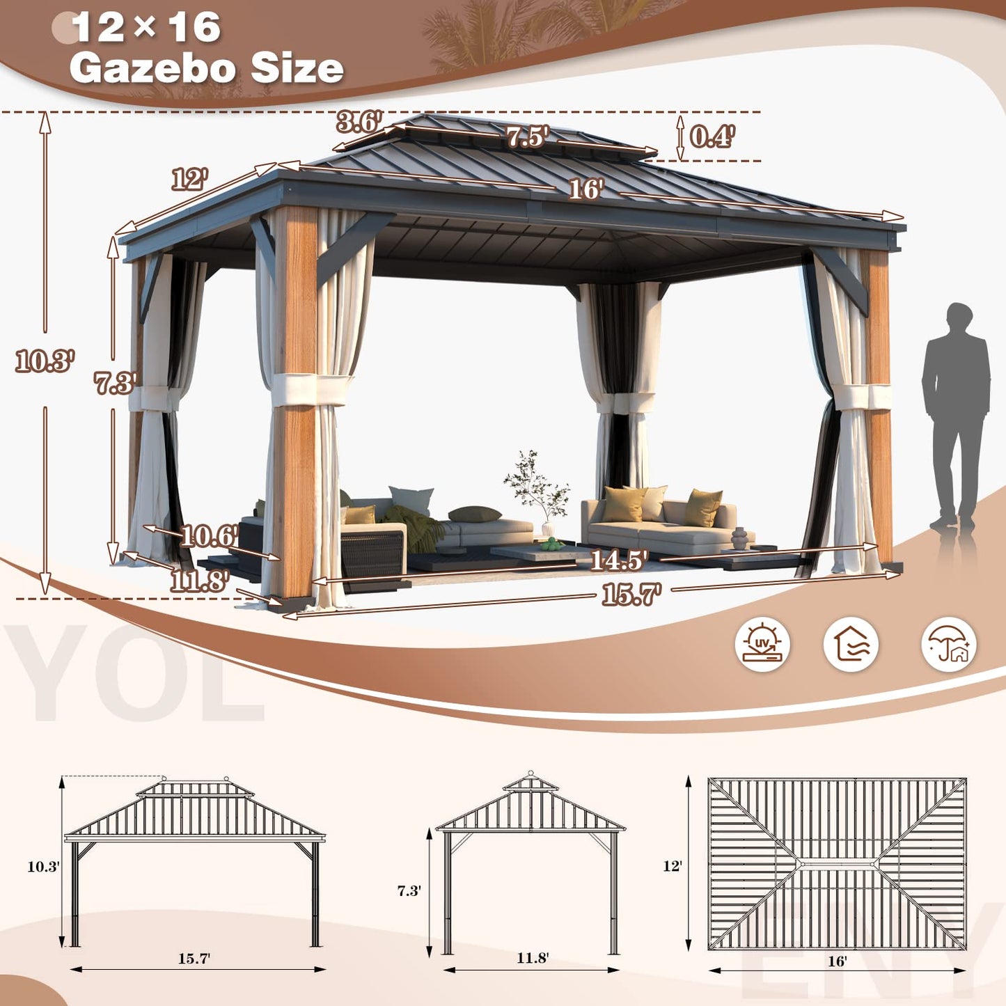 YOLENY 12'x16' Ultra-Thick Faux Wood Grain Aluminum Frame Hardtop Gazebo, Vertical Stripe Galvanized Steel Double Roof, Outdoor Patio Gazebo Pergolas with Netting and Curtains