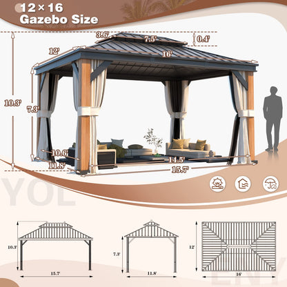 YOLENY 12' x 16' Ultra-Thick Faux Wood Grain Aluminum Frame Hardtop Gazebo, Vertical Stripe Galvanized Steel Double Roof, Outdoor Patio Gazebo Pergolas with Netting and Curtains