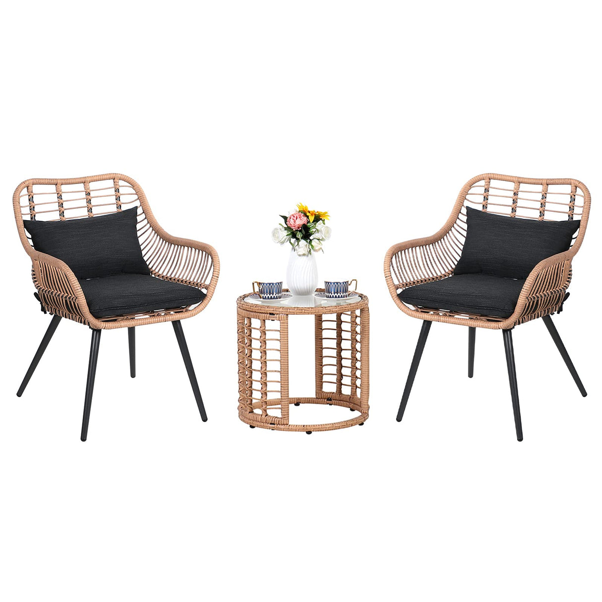 JOIVI 3 Piece Patio Bistro Set, Wicker Outdoor Patio Set with Enhanced Comfort Seating, Round Glass Top Coffee Side Table, Patio Rattan Conversation Set for Balcony, Lawn, Garden, Backyard, Black JOIVI