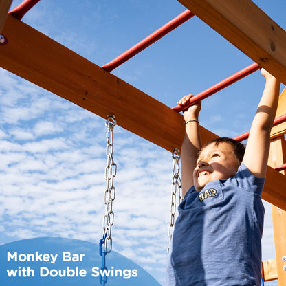 Dolphin Playground Wooden Swing Sets for Backyard with Monkey Bar, Outdoor Playset for Kids with 2 in 1 Outdoor Table, Wave Slide, Climbing Wall, and 2 Belt Swings, Heavy Duty Playground Acce - WoodArtSupply