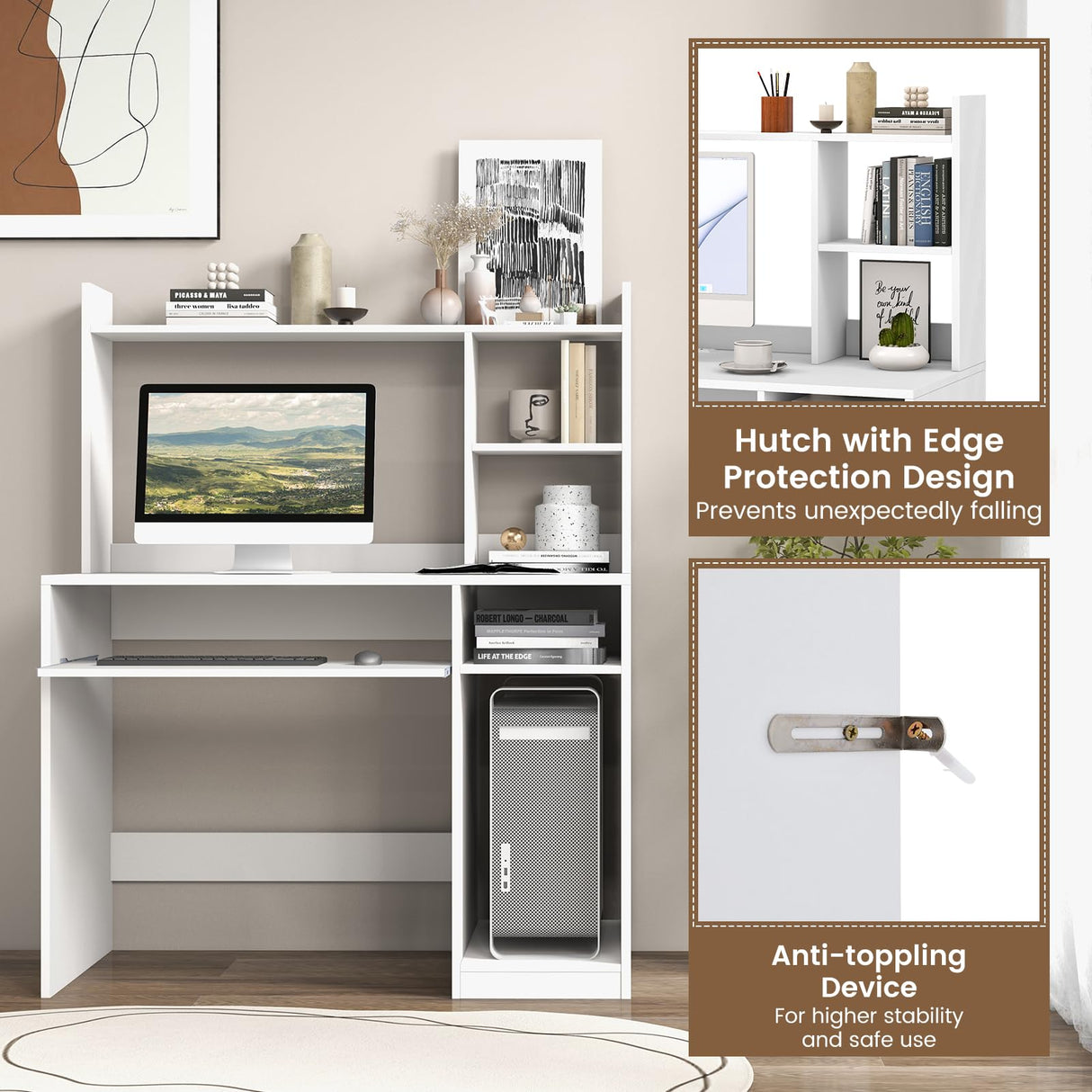 IFANNY White Modern Computer Desk with Hutch, Built-in Charging Station & Ample Storage IFANNY