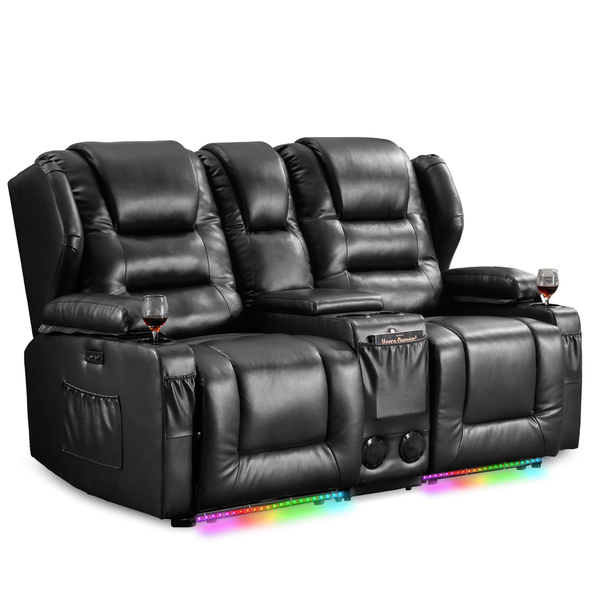 DRMBOOK RV Power Loveseat Recliner Sofa, Faux Leather Double Wall Hugger Reclining Sofa with Console, Home Theater Seating Chair with Cup Holders, 2 Person Couch RV Furniture for Living Room, Black DRMBOOK