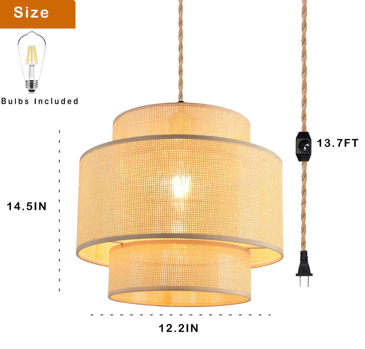 QIYIZM Plug in Pendant Light Hanging Lights with Plug in Cord Hanging Lamp Rattan Boho Dimmable,Wicker Bamboo Woven Lamp Shade, Plug in Ceiling Light Fixture for Farmhouse Living Room Bedroom Kitchen QIYIZM