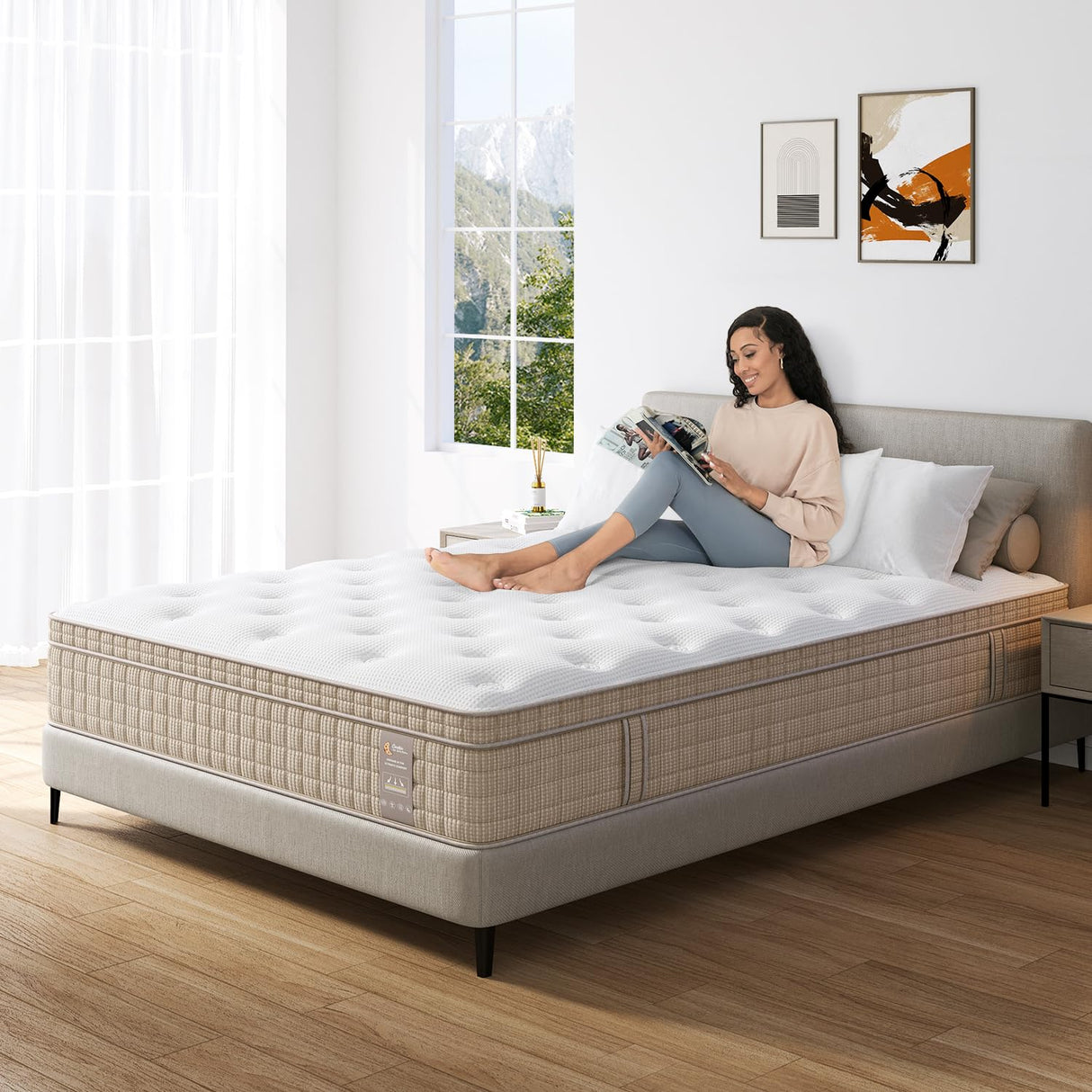 FLEXPEDIC King Size Mattress,14 Inch Memory Foam Hybrid Mattresses in a Box with Individual Pocket Spring,Khaki Medium Firm King Mattress,CertiPUR-US FP FLEXPEDIC