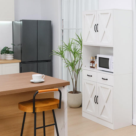 Walmokid 71" Tall Kitchen Pantry Cabinet，Farmhouse Storage Cabinet with Barn Doors and Adjustable Shelves, Heavy Duty White Microwave Cabinet with Drawers for Dining Room, Living Room Walmokid
