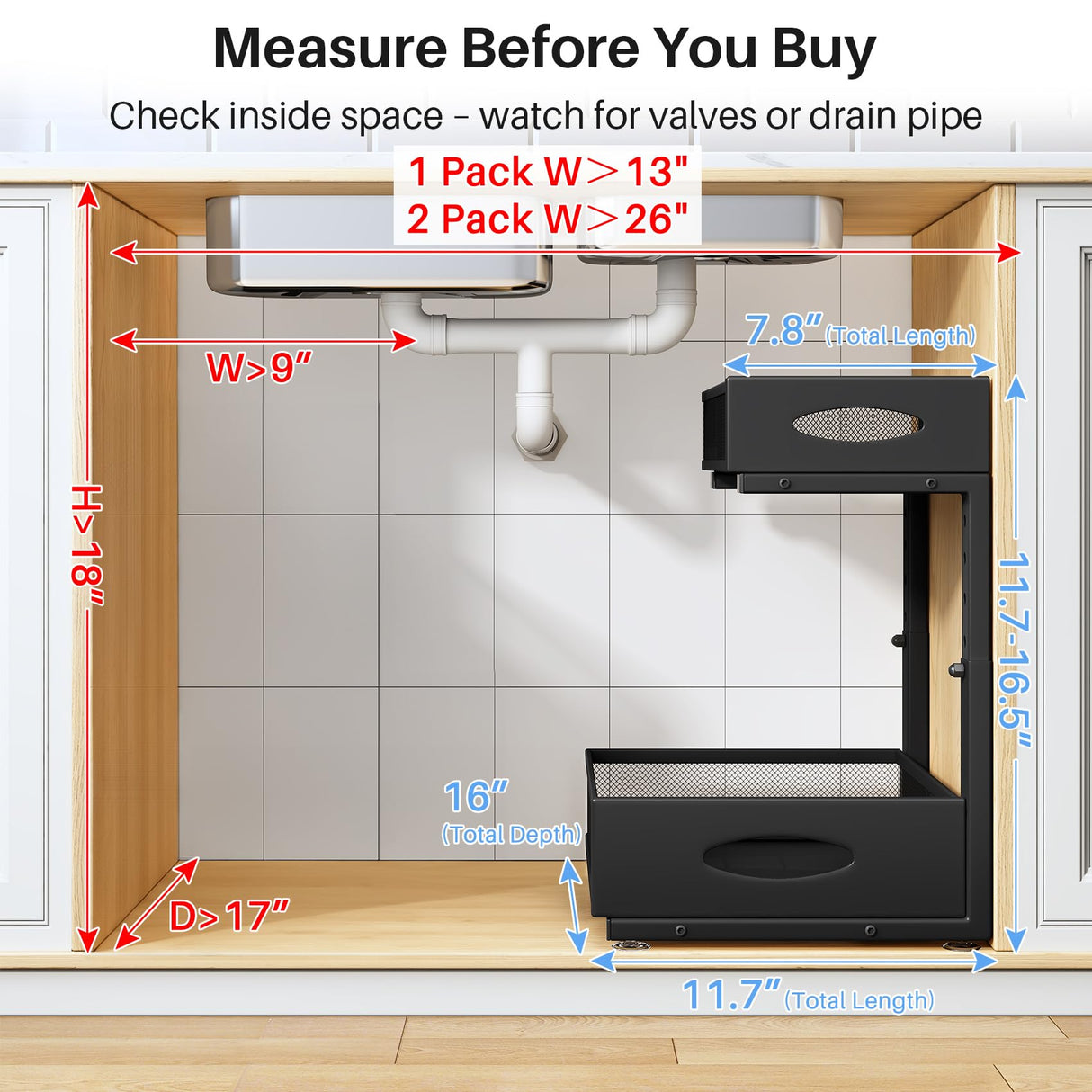 Under Sink Organizer, 2 Pack 2 Tier Pull Out Under Cabinet Organizer Shelf with Pad for Framed Cabinets, Metal Slide Out Under Sink Storage, Mesh Sliding Drawers for Kitchen Bathroom Laundry, Black PXRACK