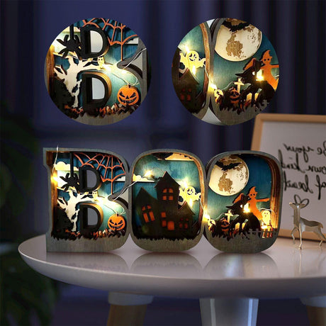 Drawelry 3D Wood Carving Lamp Home Decorative, Boo Pumpkin Lantern Jack-O-Lantern Halloween Living Room Office Decor, Christmas Warm LED Night Lights Gift for Family (Boo) Drawelry