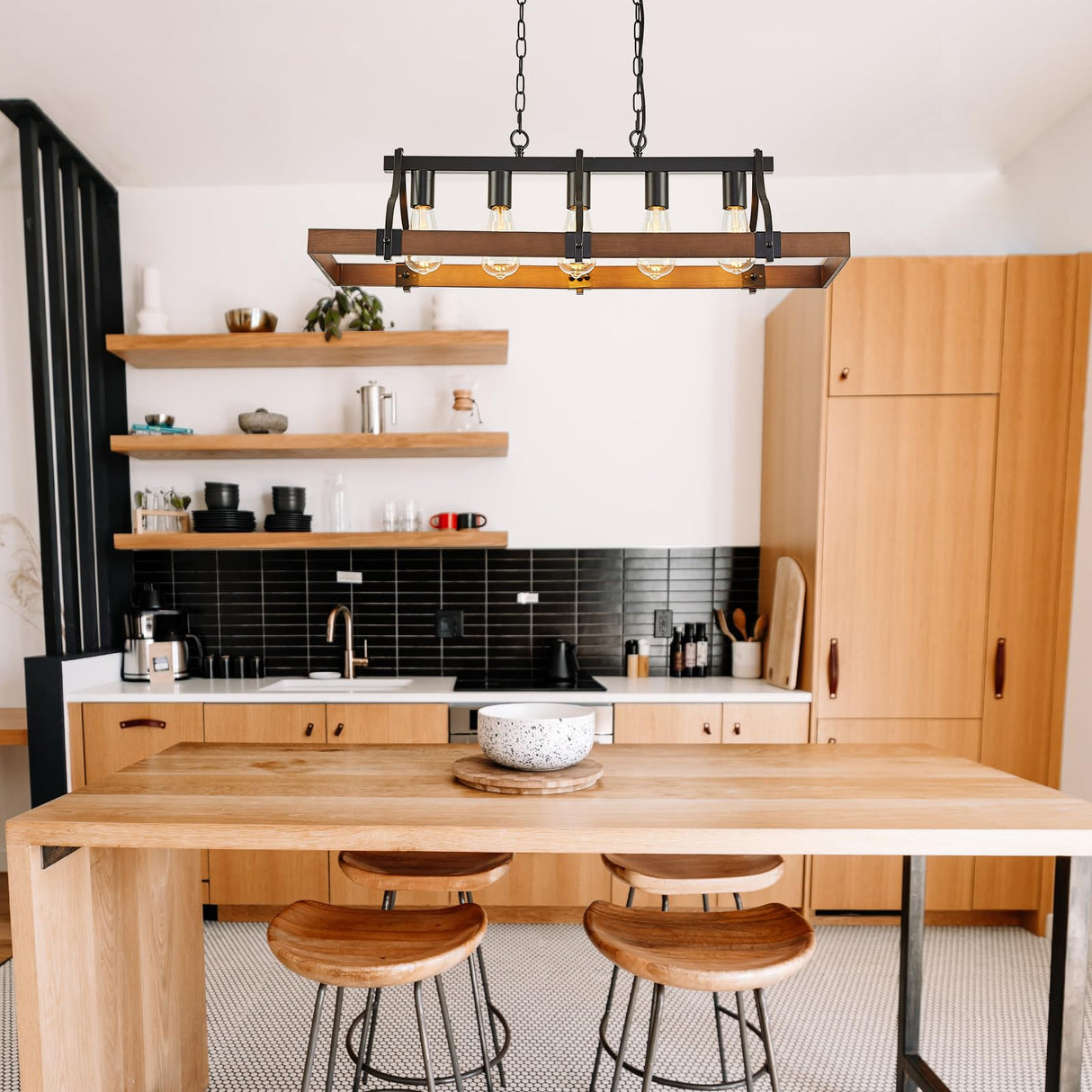 Feohak Farmhouse Chandeliers for Dining Room, 5-Light Rustic Kitchen Island Light Fixture, Wood Linear Industrial Black Rectangular Ceiling Feohak