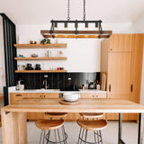 Feohak Farmhouse Chandeliers for Dining Room, 5-Light Rustic Kitchen Island Light Fixture, Wood Linear Industrial Black Rectangular Ceiling Feohak