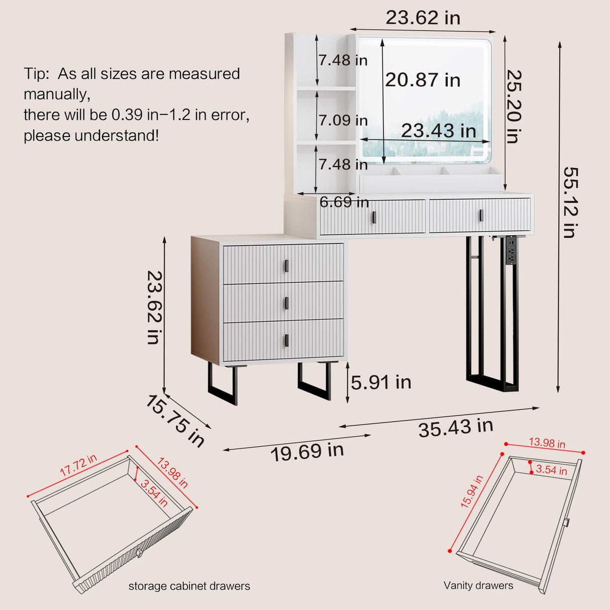 Large Vanity Desk with 3 Color Touch Screen Dimming Mirror, Vanity Desk with Charging Station, Modern Retractable Makeup Dressing Table, Vanity Table With storage shelves and 5 Sliding Drawers, White YYJ
