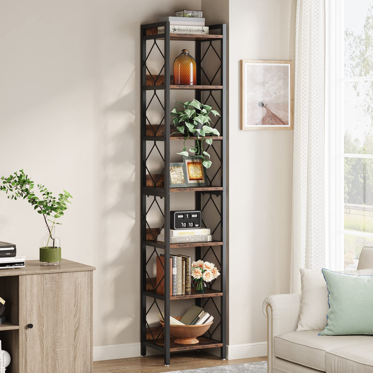Tribesigns Tall 7-Tier Narrow Bookshelf for Small Spaces - Rustic Brown Freestanding Storage Organizer Tribesigns