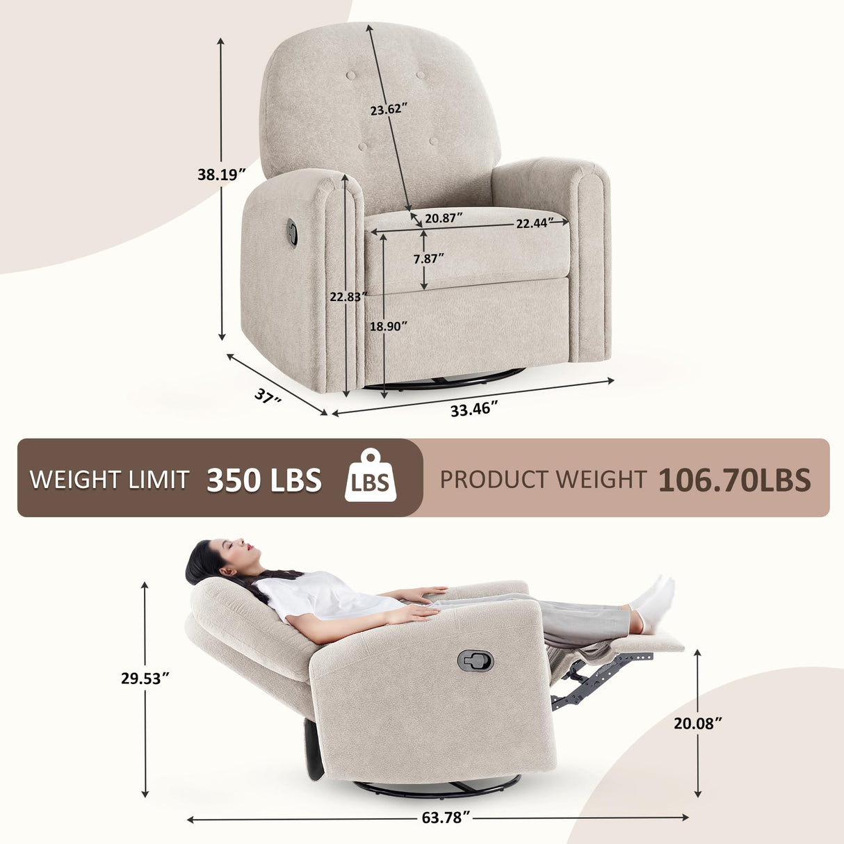 VANOMi 360 Swivel Rocker Recliner Chair, Nursery Rocking Chair with Tufted Backrest, Manual Recliner Chairs for Small Spaces, Upholstered Glider Nursing Chair for Living Room, Bedroom (Camel) VANOMi