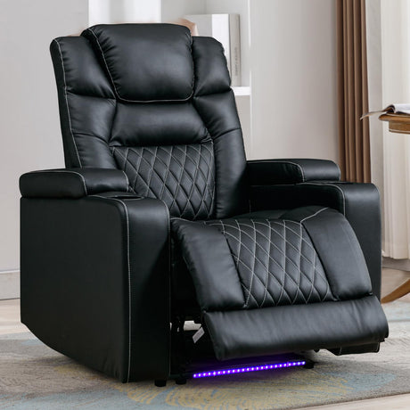 Power Home Theater Seating, Electric Recliner Sofa with LED Light, 23" Spacious Seat, Overstuffed Backrest, USB Ports and 2 Cup Holders, Faux Leather Recliner Chair for Movie Room, Black Bonzy Home