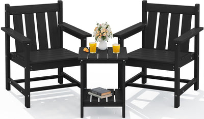 SERWALL 3 Pieces Patio Bistro Set, All Weather Adirondack Chair Set with Side Table, HDPE Material Outdoor Patio Furniture Set for Balcony, Porch, Garden, Backyard- Black