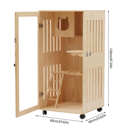 Wooden Cat House, Large Wooden Indoor Cat Enclosure Catio Cage with Ramp and Covered Cat House Kit, Enclosed Cat Condo w/Wheels for Cats Kittens - WoodArtSupply