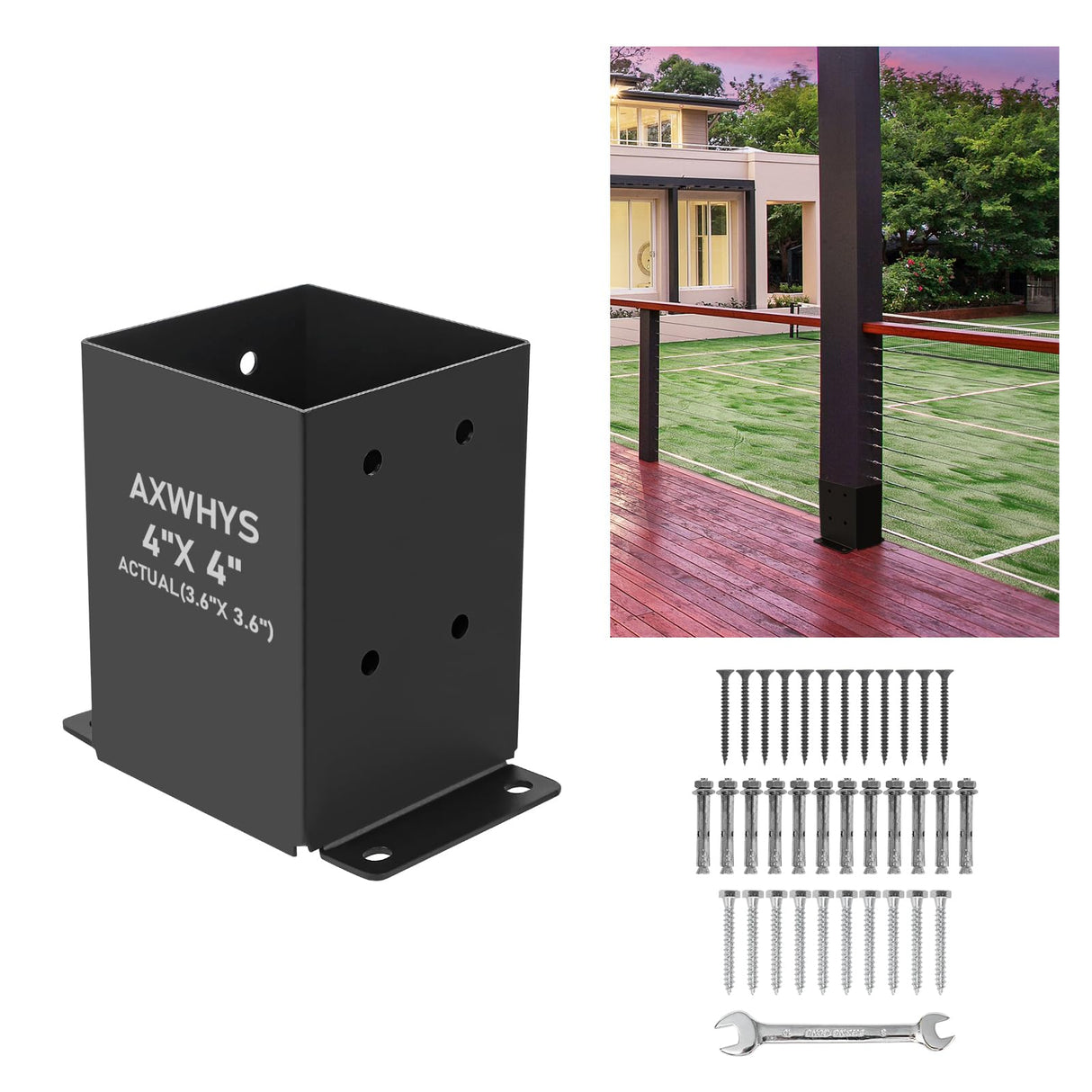 4 Pcs Post Base ,4"x 4" Post Brackets(Actual 3.6"x 3.6"), Heavy Duty Black Metal Powder-Coated Thick Steel Post Anchor Outdoor for Support Deck Base Plate , Fence Kit,Mialbox Post Mount AXWHYS