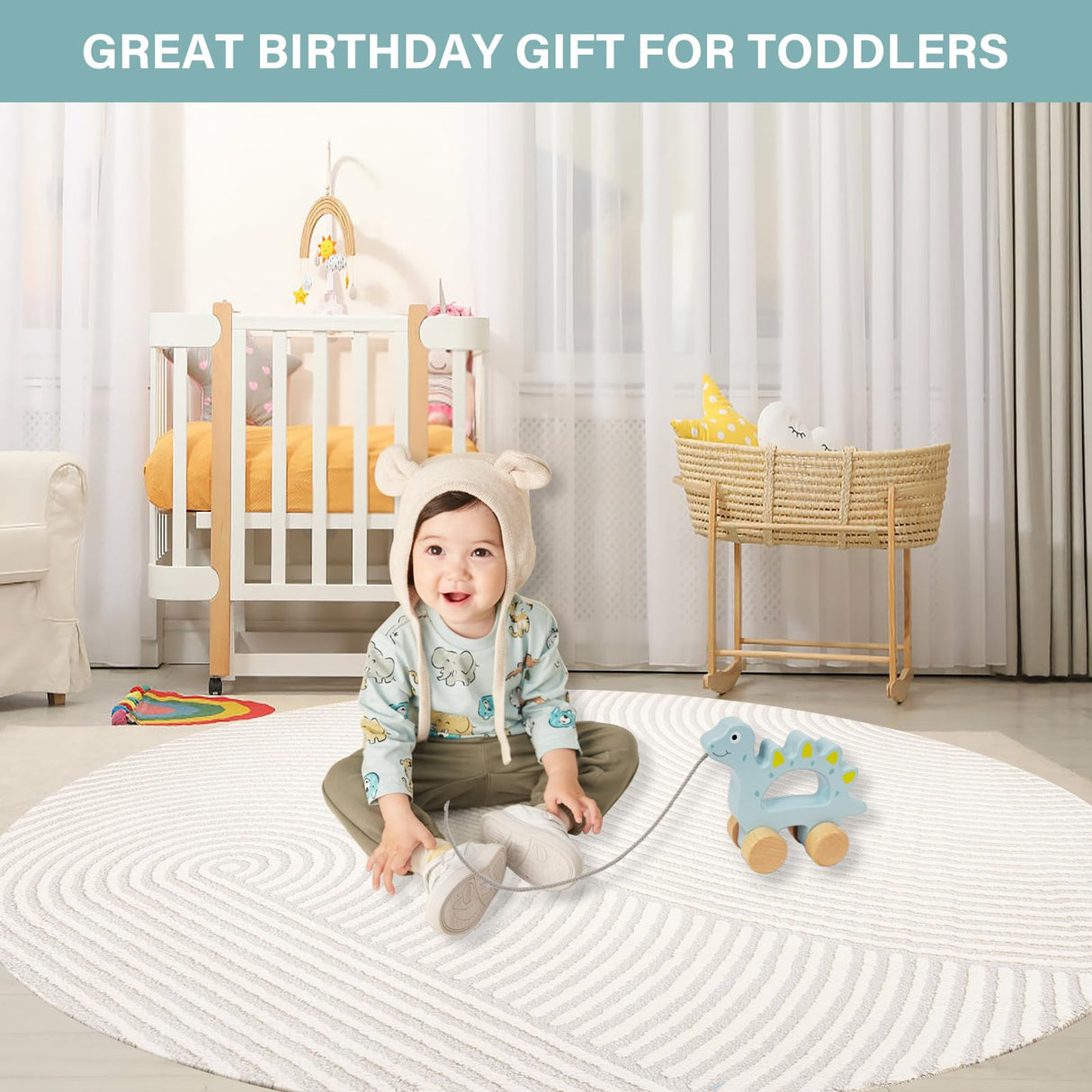 WoodenEdu Baby Toys Car,Wooden Pull Along Toddler Toy, Developmental Toy for 1 Year Old Girl Boy Birthday Gift (Dinosaur) WoodenEdu