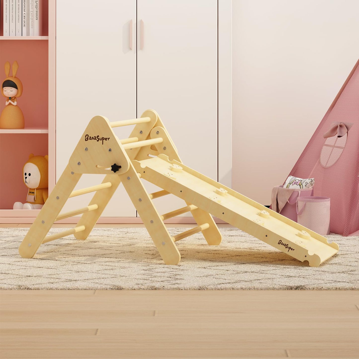 BanaSuper Foldable Pikler Triangle Climber with Ramp 2-in-1 Wooden Climbing Triangle Set with Ladder & Slide Montessori Climbing Toys for Toddler Kids Indoor Playground Play Gym Gift for Boys Girls