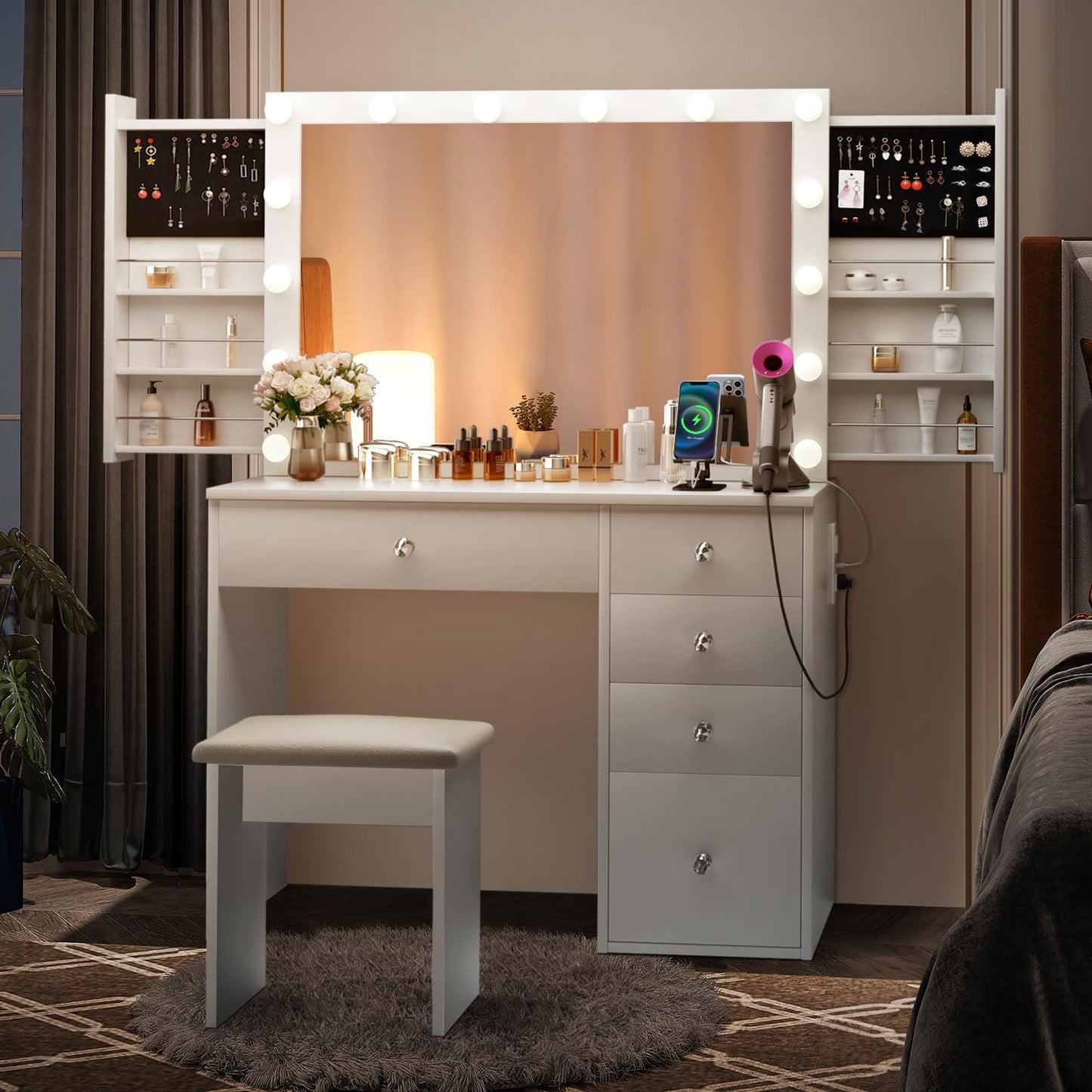 Makeup Vanity Desk with Lighted Mirror & Power Outlet & 5 Drawers, Vanity Table with 3 Lighting Modes Brightness Adjustable, Sliding Storage, White Vanity Set for Bedroom - WoodArtSupply