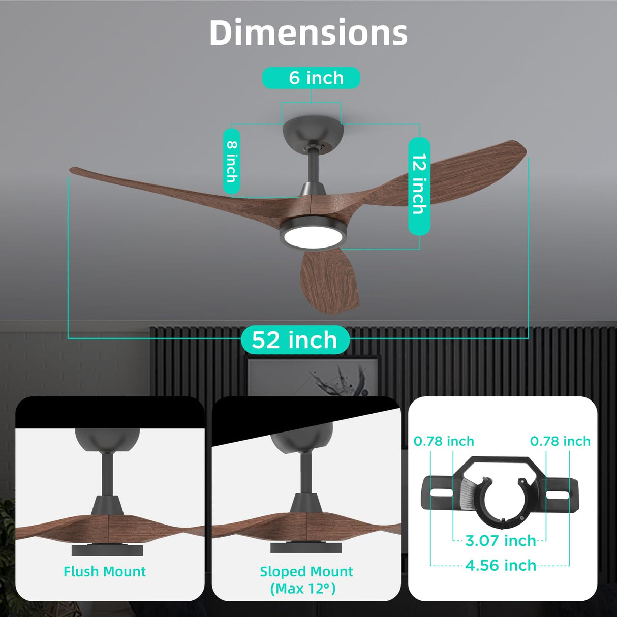 Roomratv Ceiling Fans with Lights and Remote, 52 Inch Large Airflow Indoor Ceiling Fans with Quiet DC Motor and 3 Colour Temperature Black Noiseless ABS Fan Blades (Dark Woodgrain) Roomratv