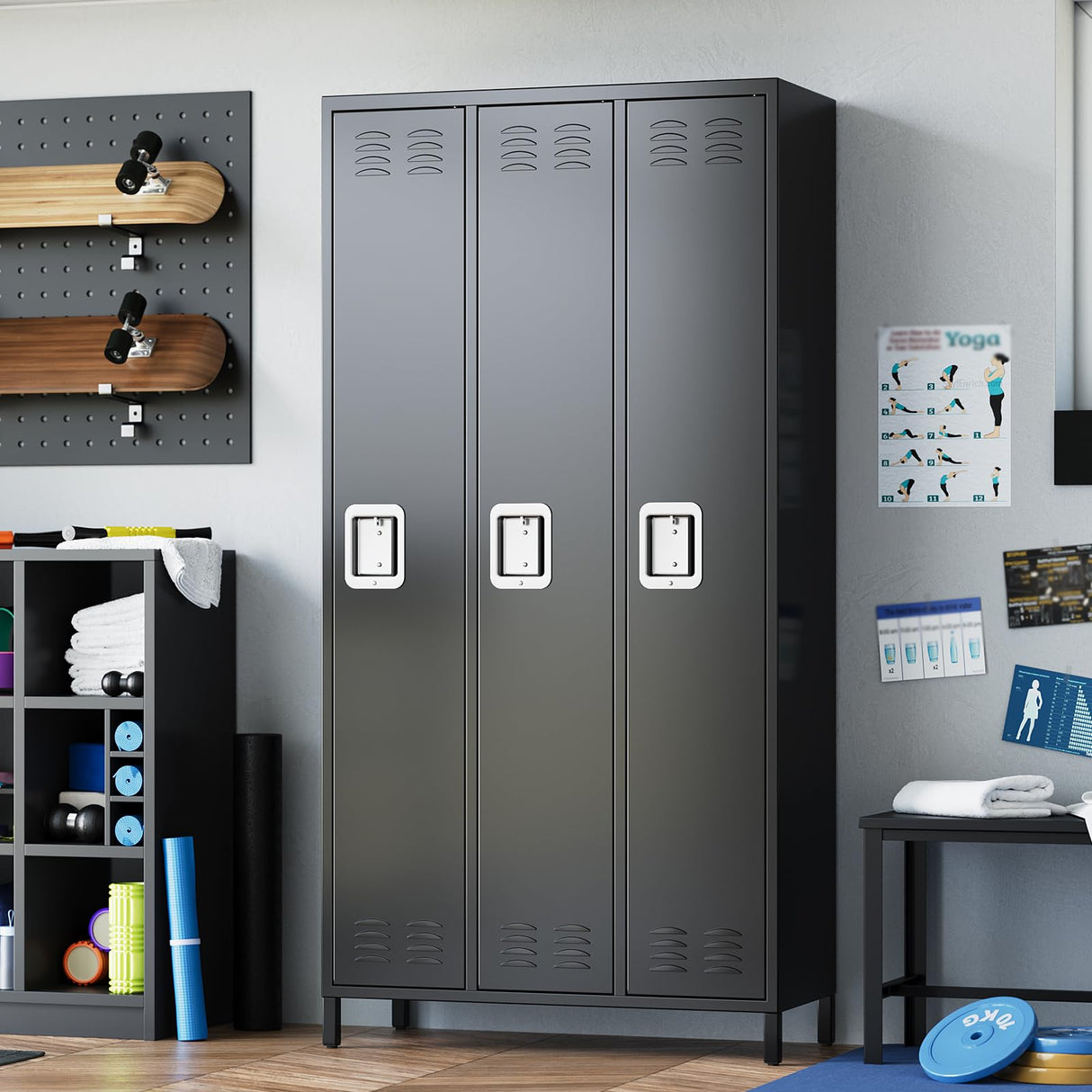 Loumernhant 72" Tall Metal Garage Storage Cabinets with Safety Lock,3 Doors Storage Lockers Combination,Metal Lockers Perfect for Homes,Gyms,Factories,Offices,Warehouses,Garage.Black. Loumernhant
