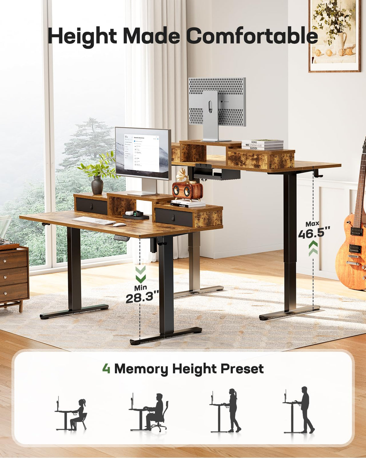 Marsail Electric Standing Desk with Drawers, 55″ x 28″ Height Adjustable Sit Stand Up Desk with Storage Shelf, Ergonomic Home Office & Computer Table with 4 Memory Heights, Rustic Brown Marsail