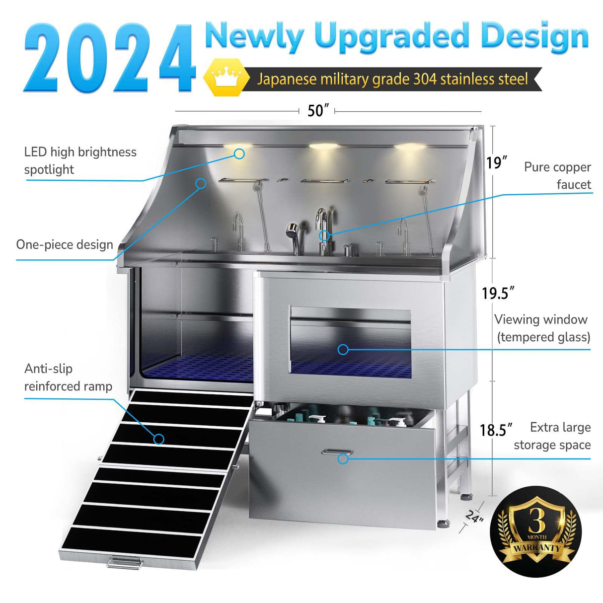 Dog Washing Station, LED Professional Stainless Steel Dog Bathing Station, Dog Bathtub for Large, Medium & Small Dog, Dog Grooming Tub with Window, Ramp, Drawer, Floor Grate & Fauct （Left RAMP, 50"） polimo