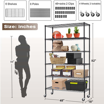 6-Tier Steel Wire Shelving Unit, 48x18x82in, 2100lb Capacity, Adjustable NSF Certified Storage Rack with Casters - For Garage, Kitchen, Pantry - WoodArtSupply