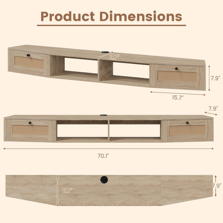 EROMMY Modern Rattan Floating TV Stand, Wall-Mounted Floating Stand for TVs up to 80 Inches with Doors, Entertainment Center for Under TV Storage, 70 inch, Oak EROMMY