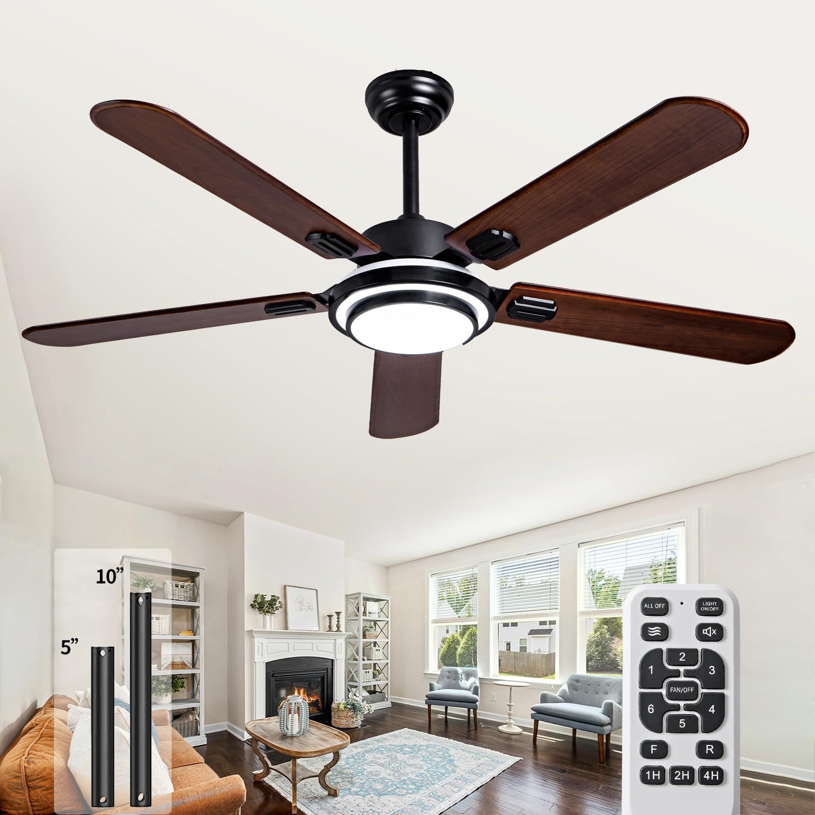 KATSTLE 52 Inch Solid Wood Ceiling Fan with Light Remote Control,5 Blades Quiet Reversible Modern Ceiling Fan for Indoor,Outdoor,Bedroom,Living Room,Office,Farmhouse,Patio(Walnut) - WoodArtSupply