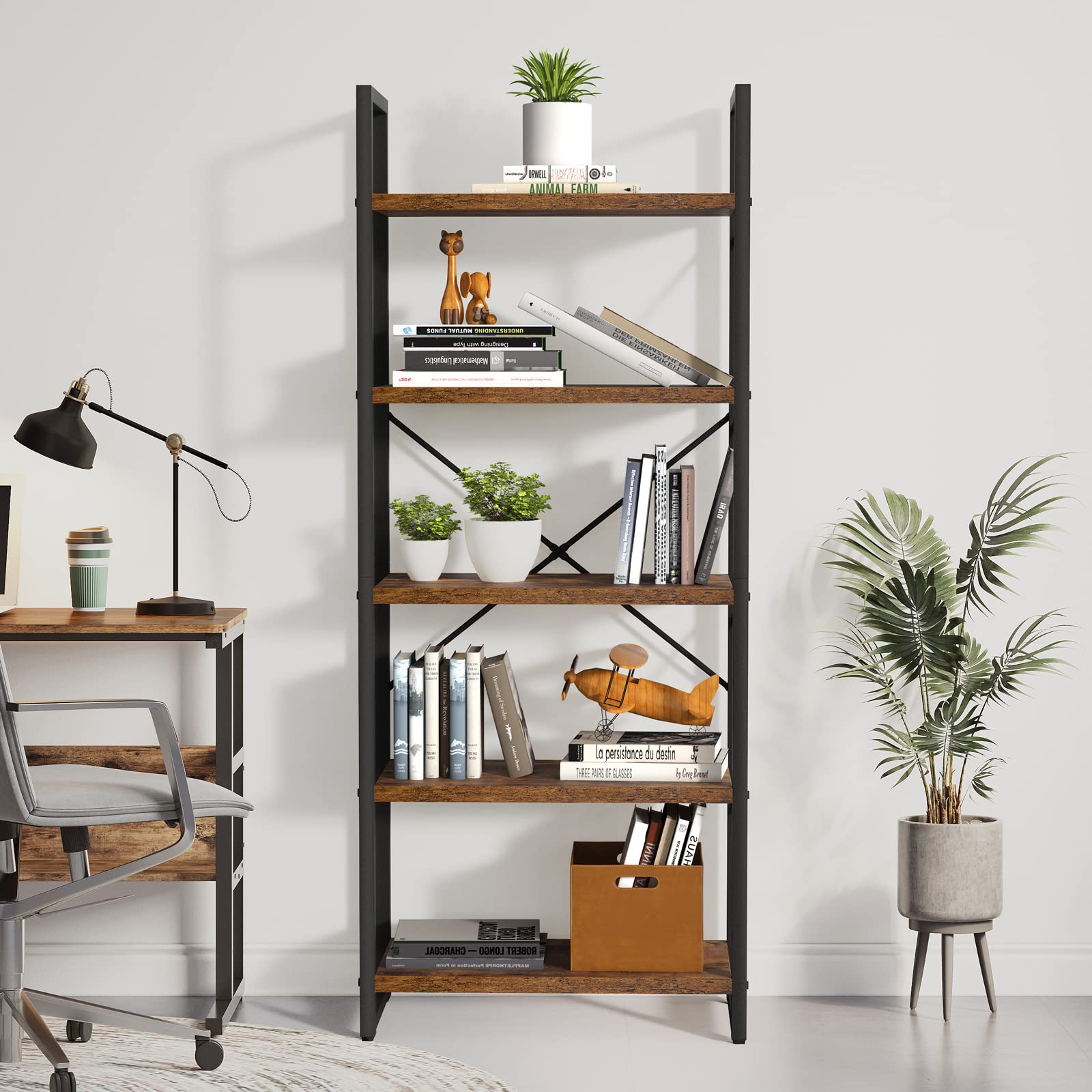 YITAHOME 5-Tier Rustic Brown Bookshelf - Stylish Modern Bookcase & Storage Rack for Home and Office - WoodArtSupply