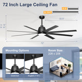 Phylluz 72'' Ceiling Fan with Light - Remote & APP Control, 3 CTT Dimmable, 6 Speed Reversible DC Motor Fan for Shop, Garage, Covered Outdoor, Black Phylluz