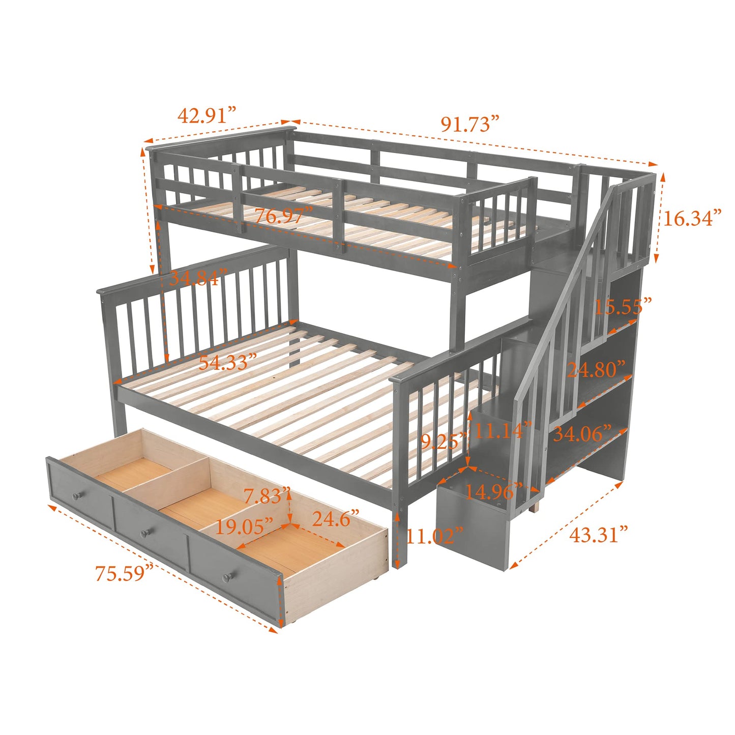 Twin Over Full Bunk Bed with Stairs and Storage Drawers by Harper & Bright Designs in Grey