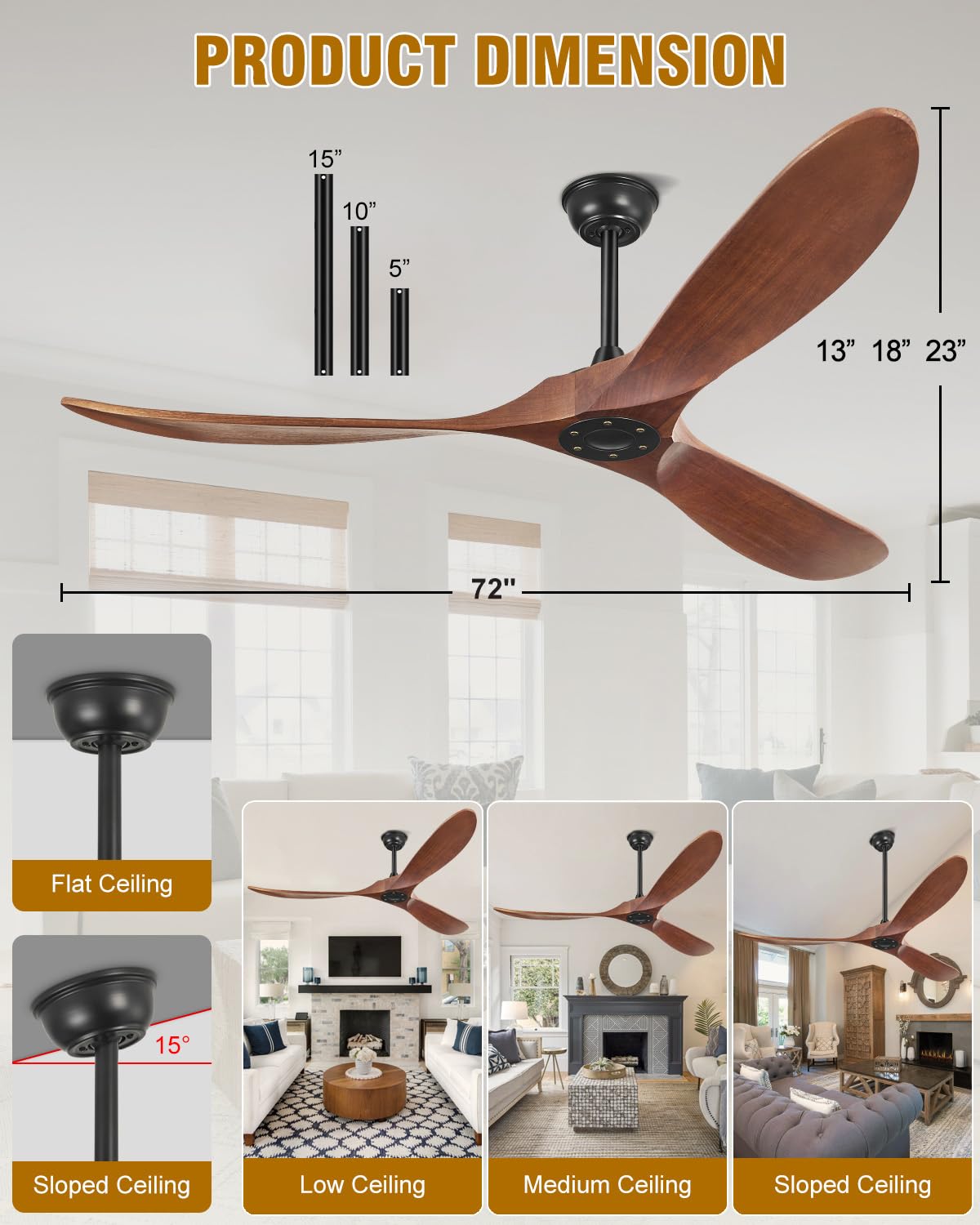 Ceiling Fans without Lights 72 Inch Large Ceiling Fan, Solid Wood Ceiling Fan No Light and Remote, 3 Blade, 6 Speeds, Timer, Quiet DC Motor, High CFM Modern Indoor Outdoor Fans for Patio, Dark Walnut Yahada