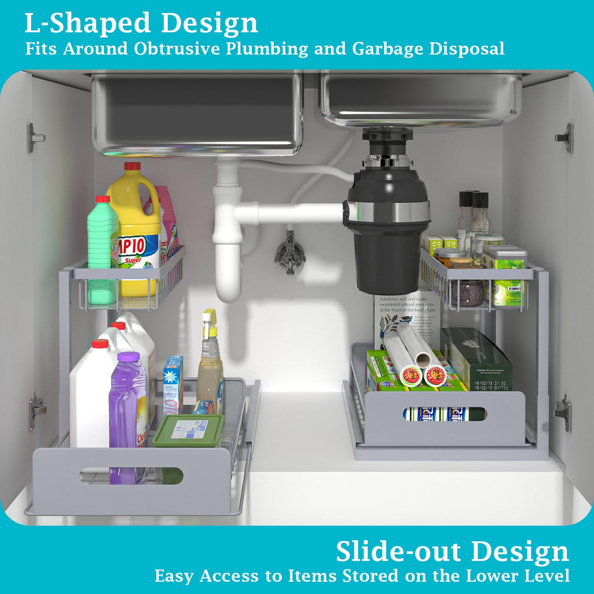 REALINN Under Sink Organizer, Pull Out Cabinet Organizer 2 Tier Slide Out Sink Shelf Cabinet Storage Shelves, Storage for Kitchen Bathroom, Grey, 2 Pack REALINN