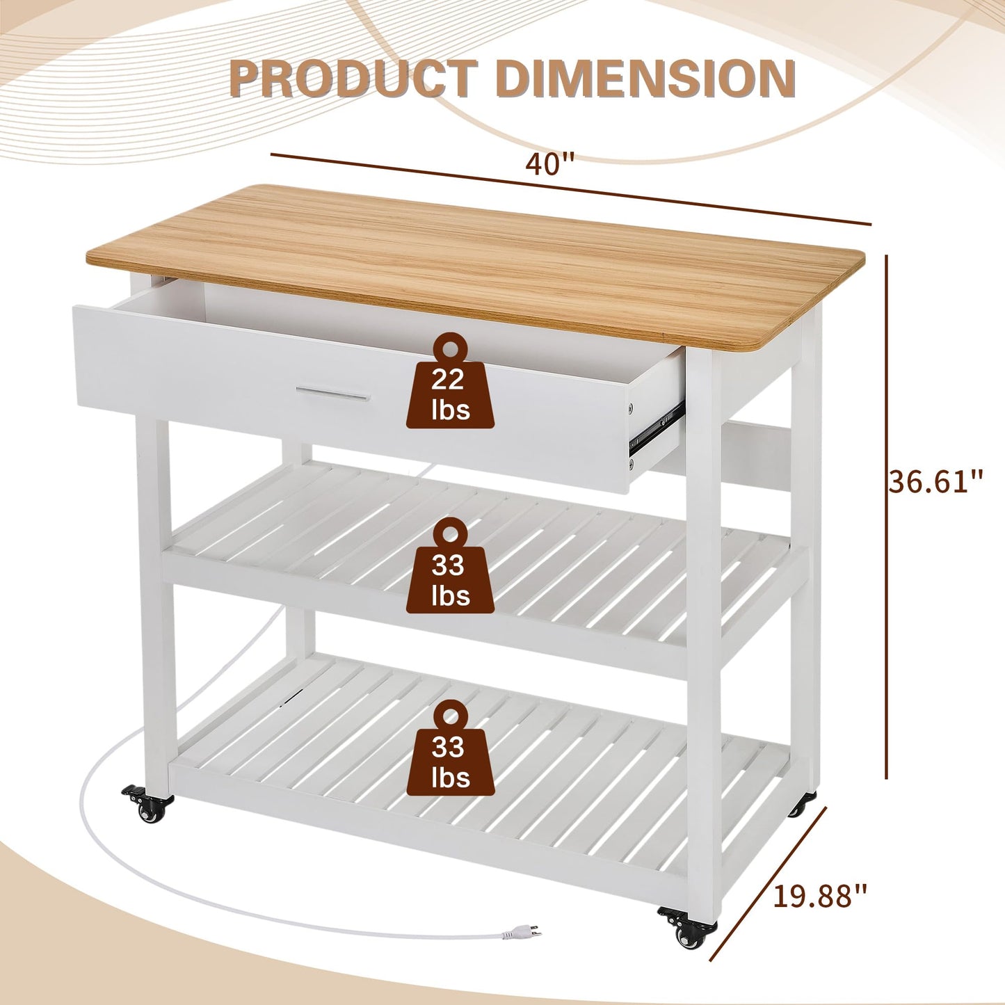 VECELO 40" Width Kitchen Island Cart on Wheels, 3 Tiers Kitchen Cart with Power Strip & Drawer, 2 Spacious Storage Shelf, Easy to Clean, White