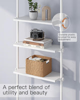 ALLZONE 5 Tiers Narrow Bookshelf, Tall Adjustable Ladder Book Shelf with Open Storage, Floor to Ceiling Tension Mount, Wooden Industrial Bookcase for Living Room, 92 to 116 Inch, White ALLZONE