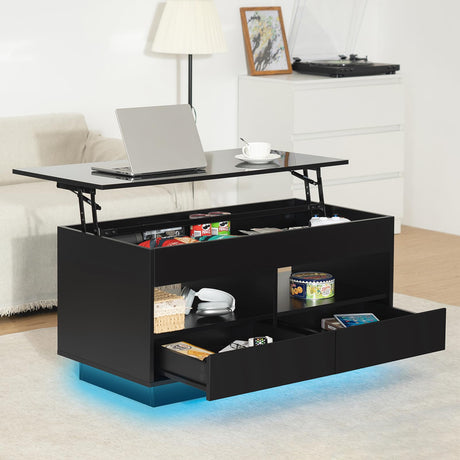 HOMMPA Lift Top Coffee Table with LED Light Morden Coffee Table with Storage Black Coffee Table for Living Room High Gloss Tea Table LED Center Tables Hidden Compartment & 2 Open Shelve & 2 Drawers HOMMPA