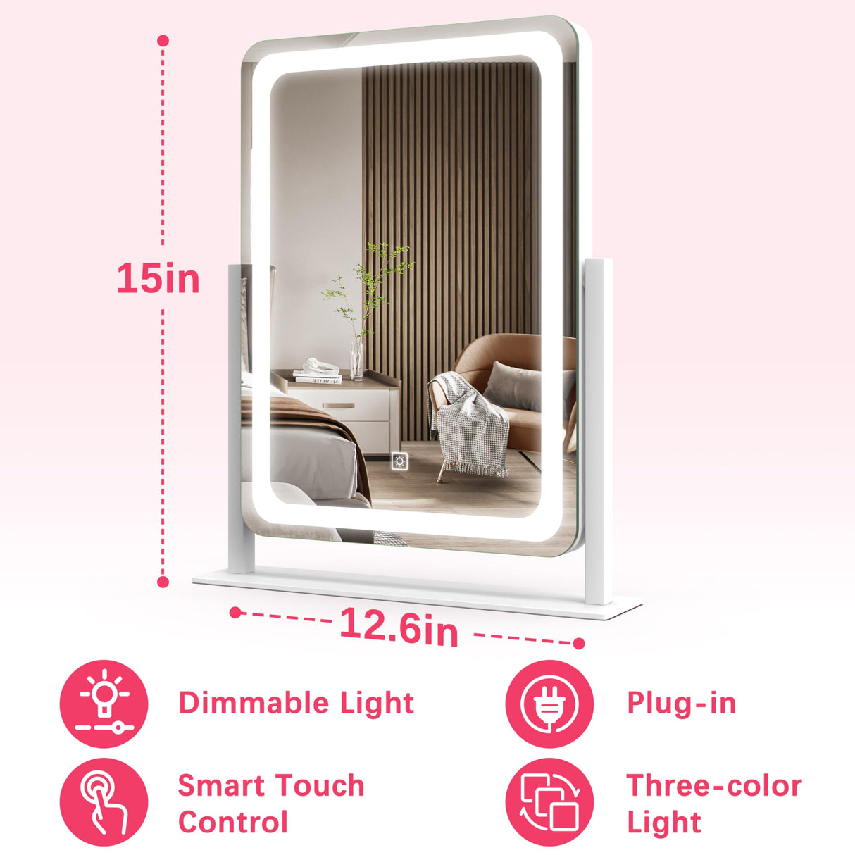 ROLOVE Vanity Mirror with Lights, 12.6"×15" LED Makeup Mirror, Lighted Makeup Mirror with Lights, Smart Touch Control Dimmable 3 Modes Light, Lighted Up Mirror for Makeup Desk, Bedroom, Dressing Room ROLOVE