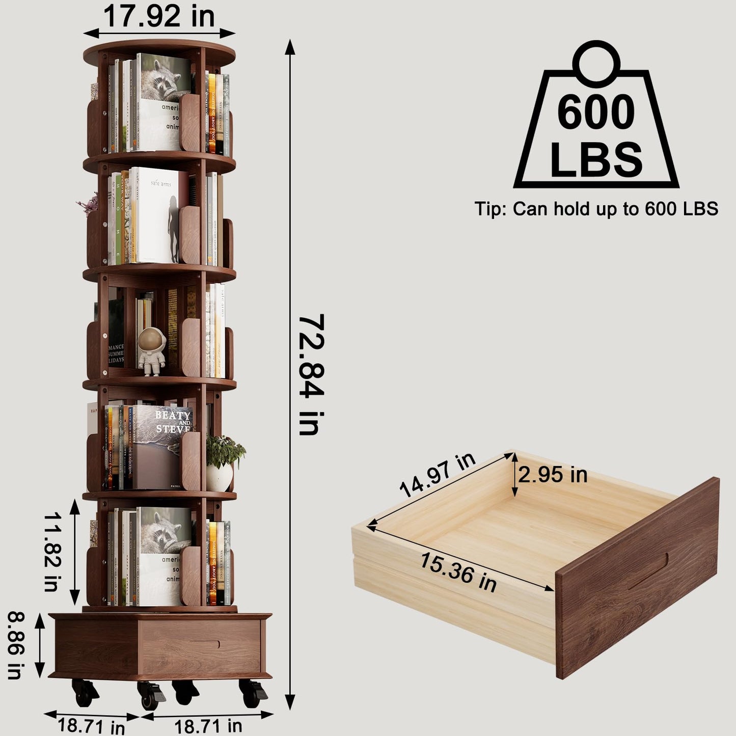 ZZV Solid Wood Rotating Bookshelf, 360° Display Bookcase with 1 Drawer, Spinning Bookshelf Tower with Wheels, 72 inch Tall Bookcase for Small Space, Revolving Book Shelf for Home Office, Walnut Finish