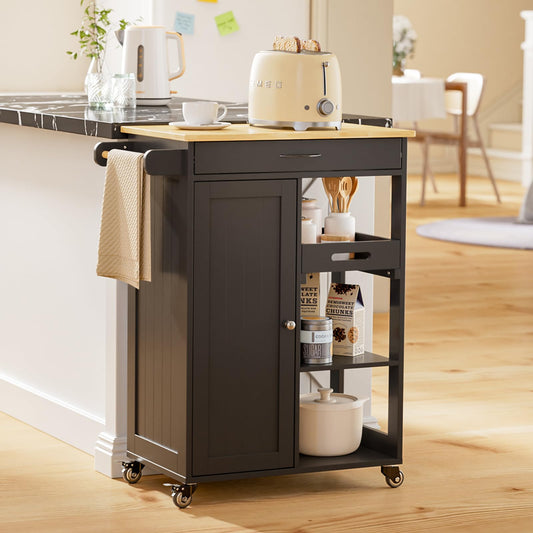 Gizoon Kitchen Island Cart with Solid Wood Top, Rolling Serving Utility Trolley Cart with Drawer, Cabinet, Towel Rack, Hooks and 3 Open Storage Shelves, Mobile Storage Cart for Dining Room, Bar, Black