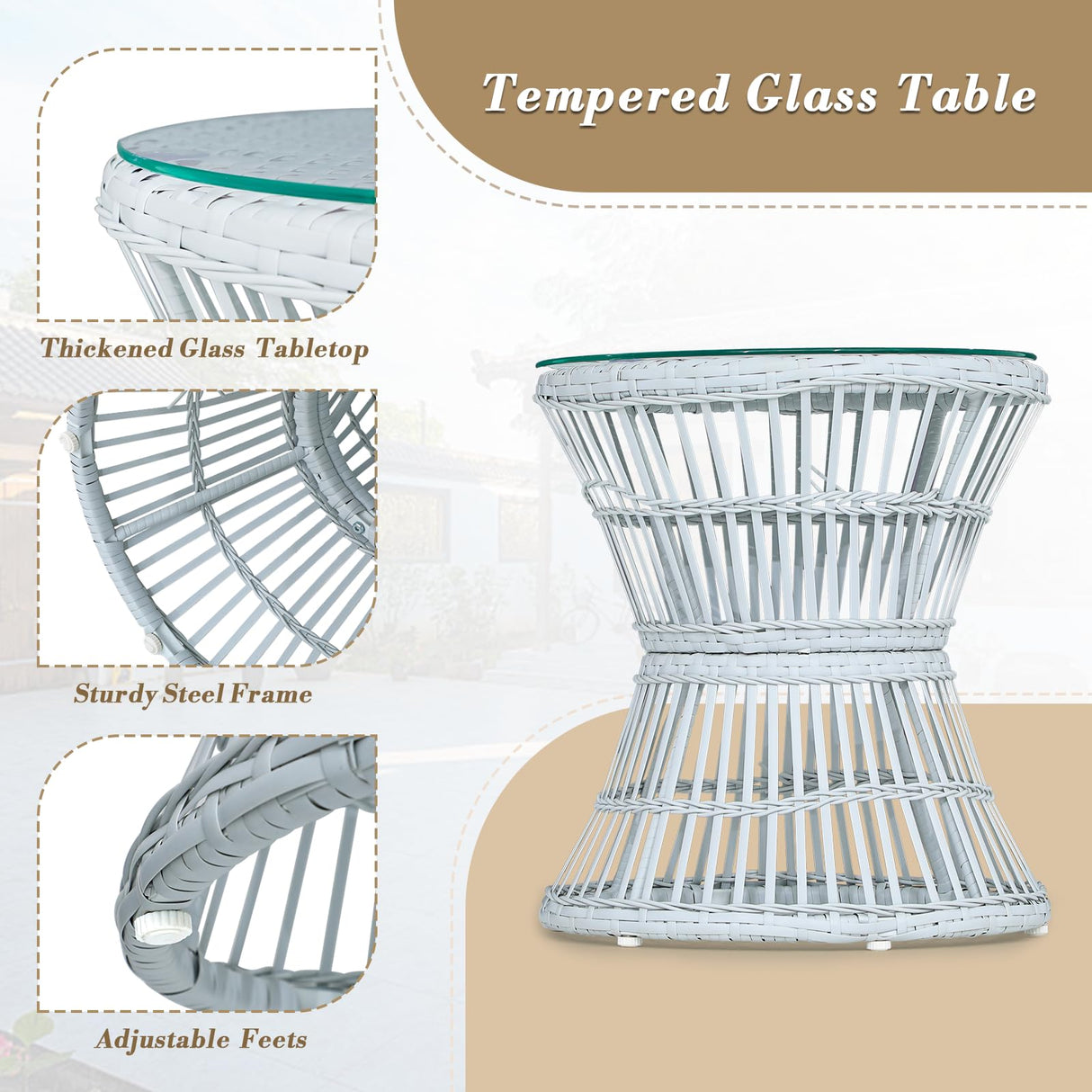Athena Collection Outdoor Patio Furniture Set Wicker Bistro Set, 3 Piece Conversation Set All-Weather PE Rattan Chairs with Seat Cushions & Glass Table for Porch, Backyard, Beige Athena Collection